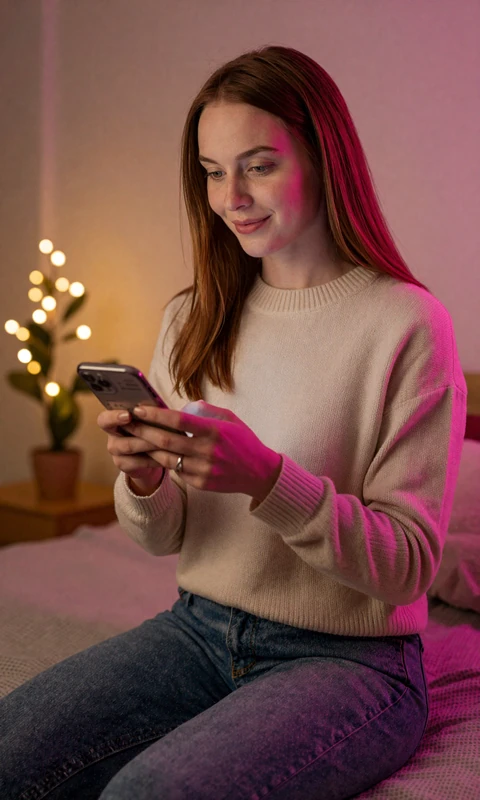 Elena, a 31-year-old reviewing Loviaflame subscription cost on her phone before signing up