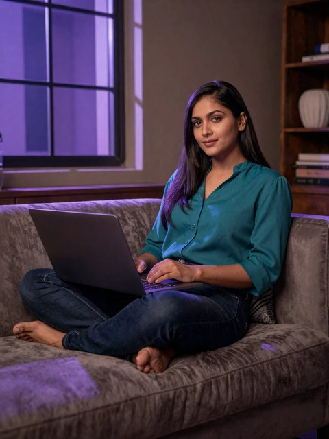 Priya, a 34-year-old comparing Loviaflame premium plans from her laptop at home
